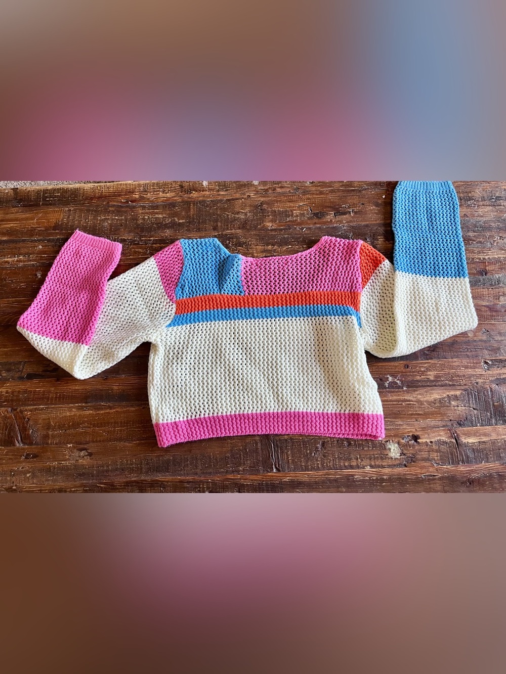 SHEIN Sheer Cream Colorblock Cropped Sweater with Pink & Blue Accents Sz S NWOT